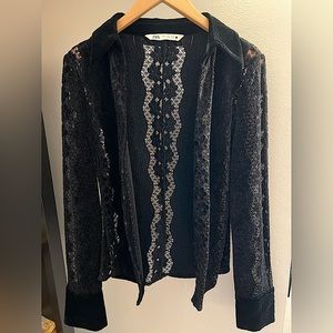 Black lace button down top with velvet details